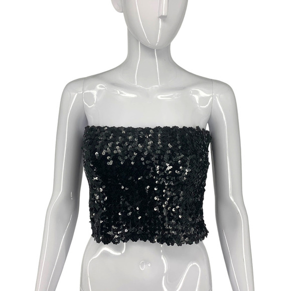 Vintage Y2K Victoria's Secret Sz L Black Sequin Tube Top Bandeau Strapless Disco - Picture 2 of 6